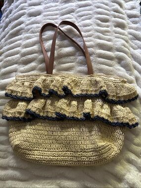 Haute Hippie Tan & Blue Straw Shoulder Bag Purse With Ruffles 17" x 12"